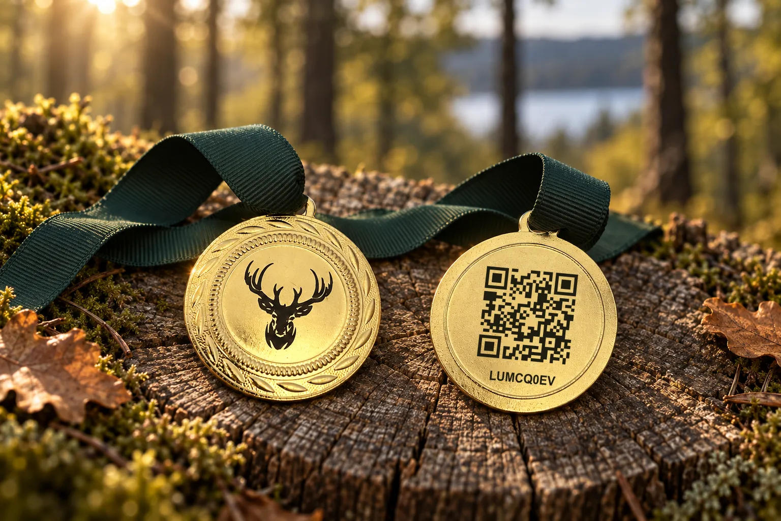 To guldfarvede medaljer med grønne bånd, et hjortemotiv og en QR-kode på en træstub