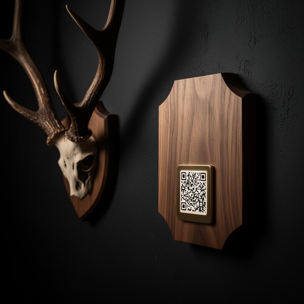 Mounted deer head with TrophyLog QR tag on wooden plaque