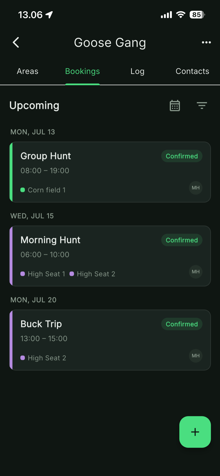 Upcoming bookings agenda with confirmed hunts across areas