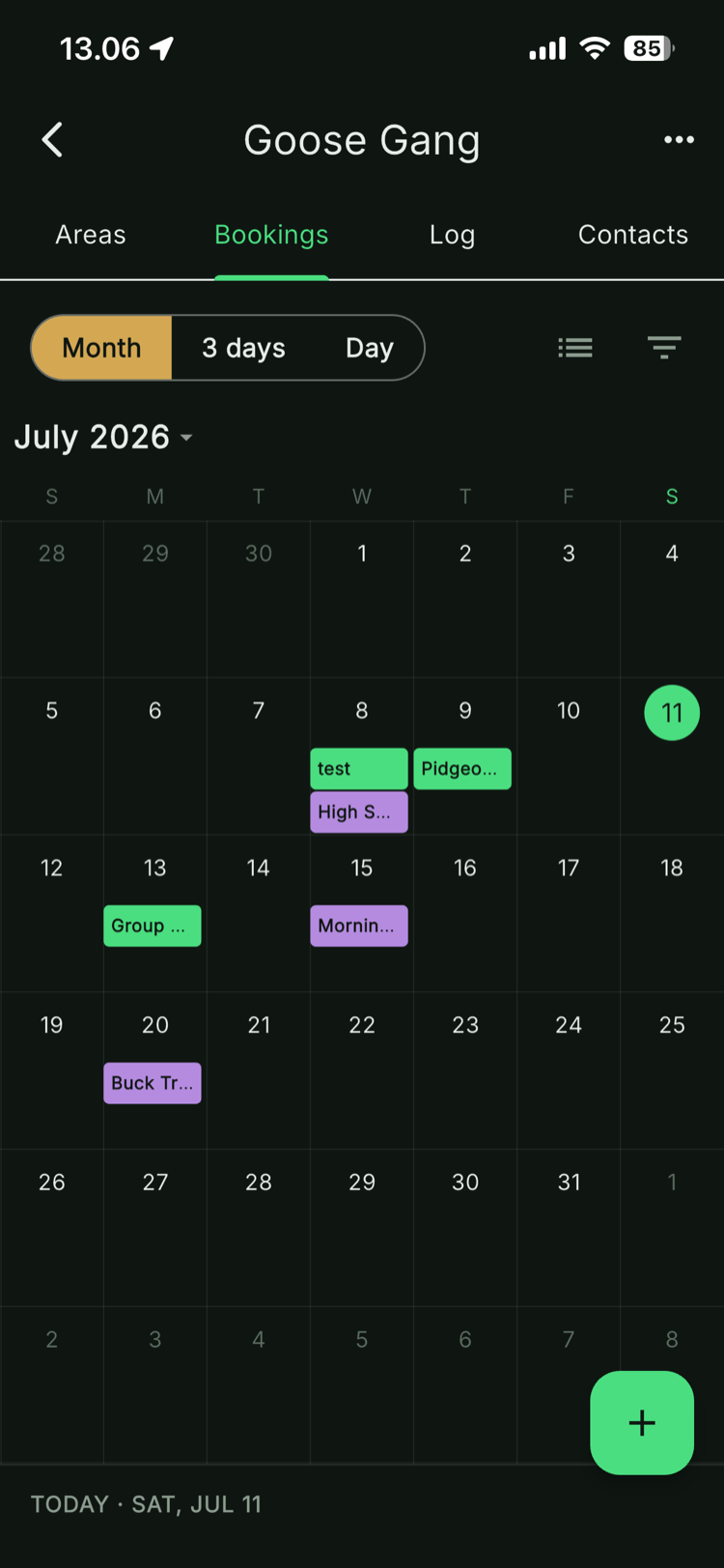 Monthly calendar of group bookings