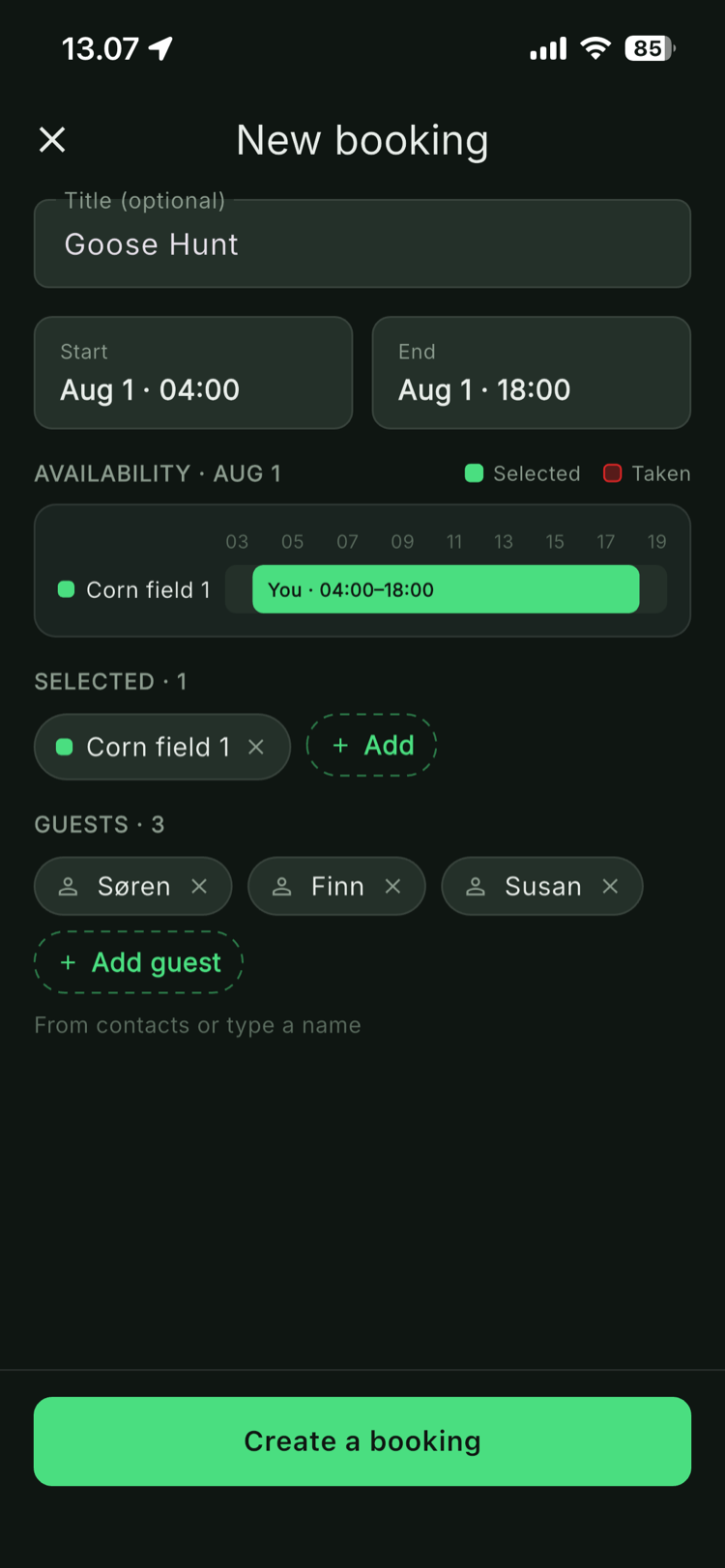 New booking form with an availability timeline showing free and taken hours
