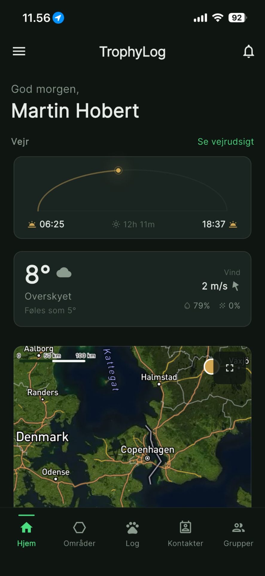 TrophyLog dashboard with weather and sun tracking